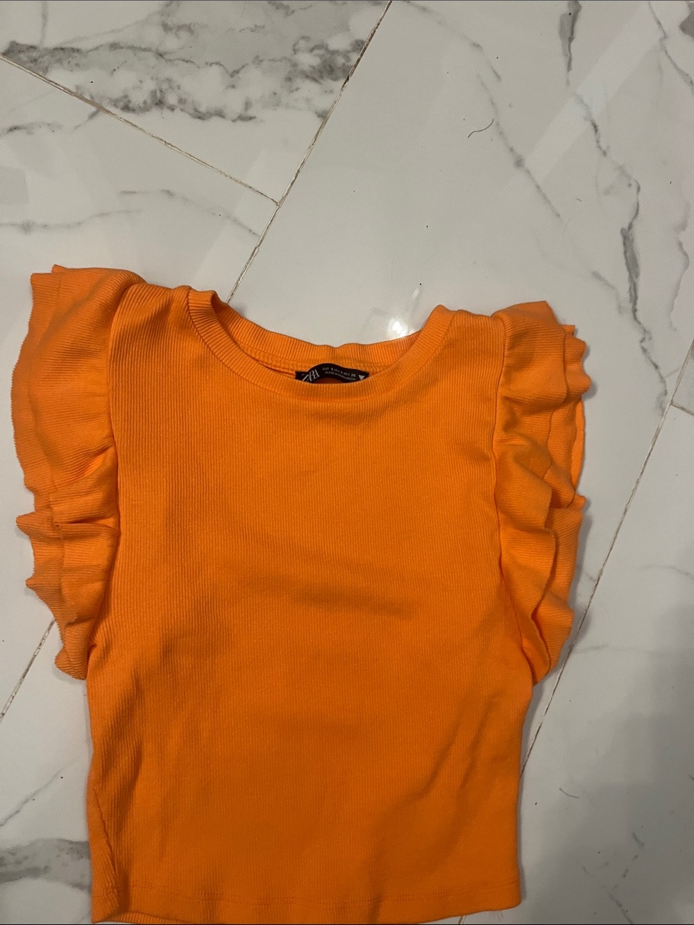 Zara cropped Bright Orange Ruffle Sleeve Ribbed Top Small